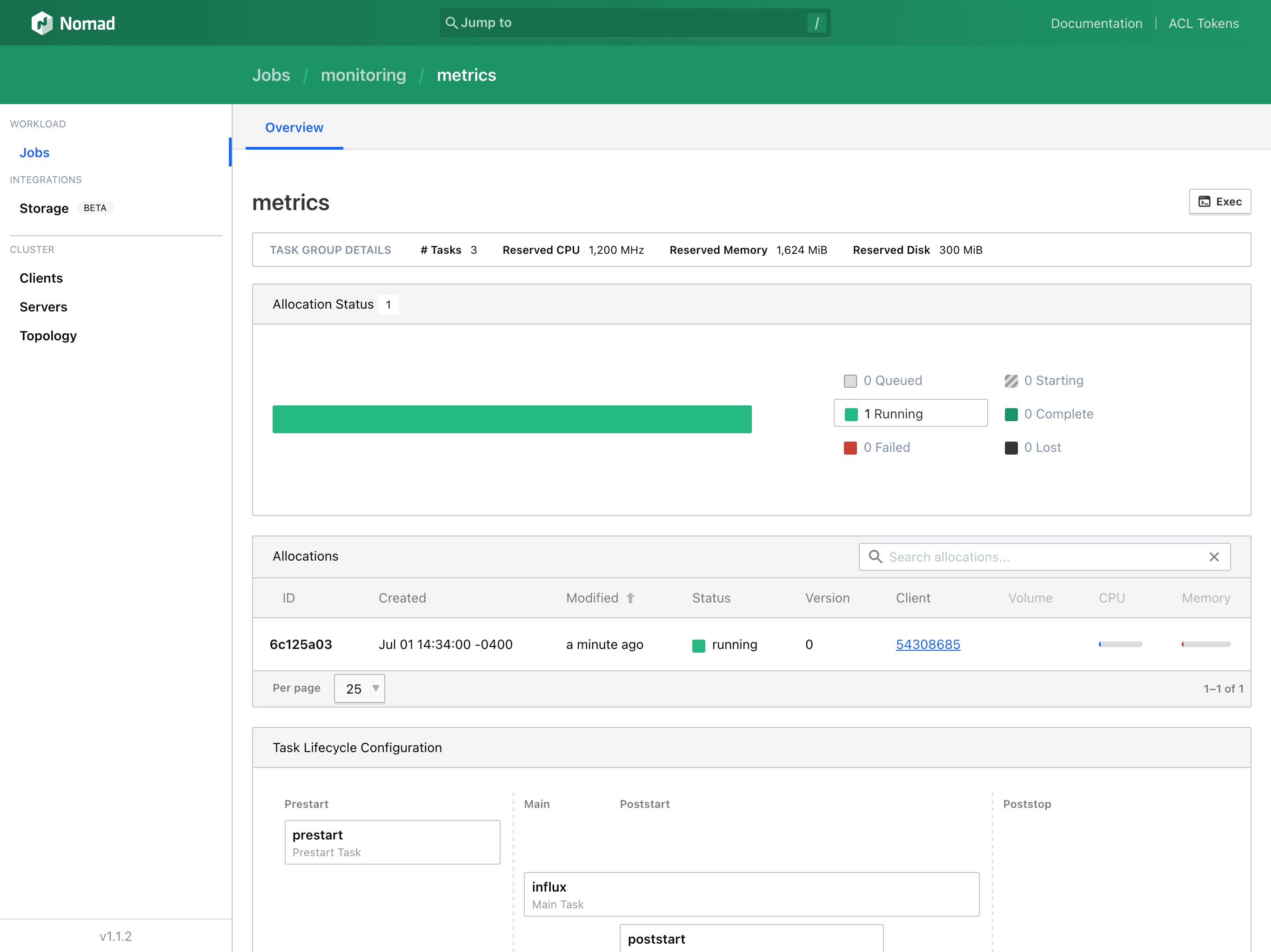 Nomad UI open to "metrics" task group detail page