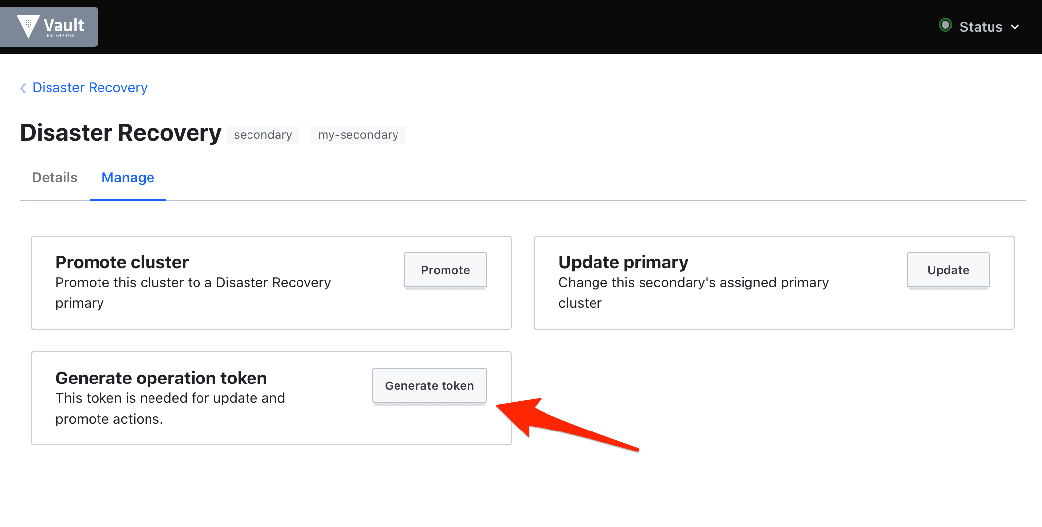 Manage tab, with generate token box highlighted